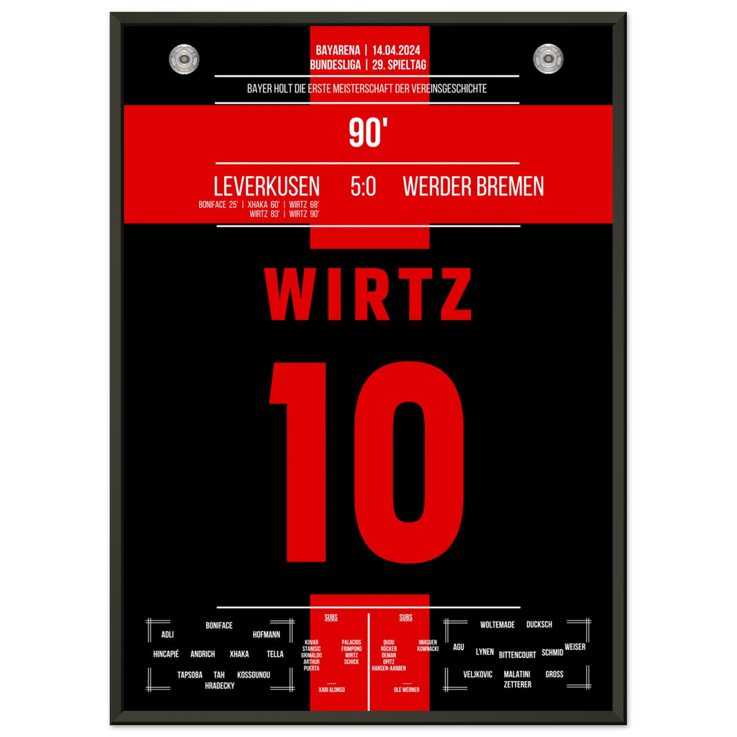 Bayern Leverkusen's historic first-ever championship win, with Wirtz scoring a hat-trick.