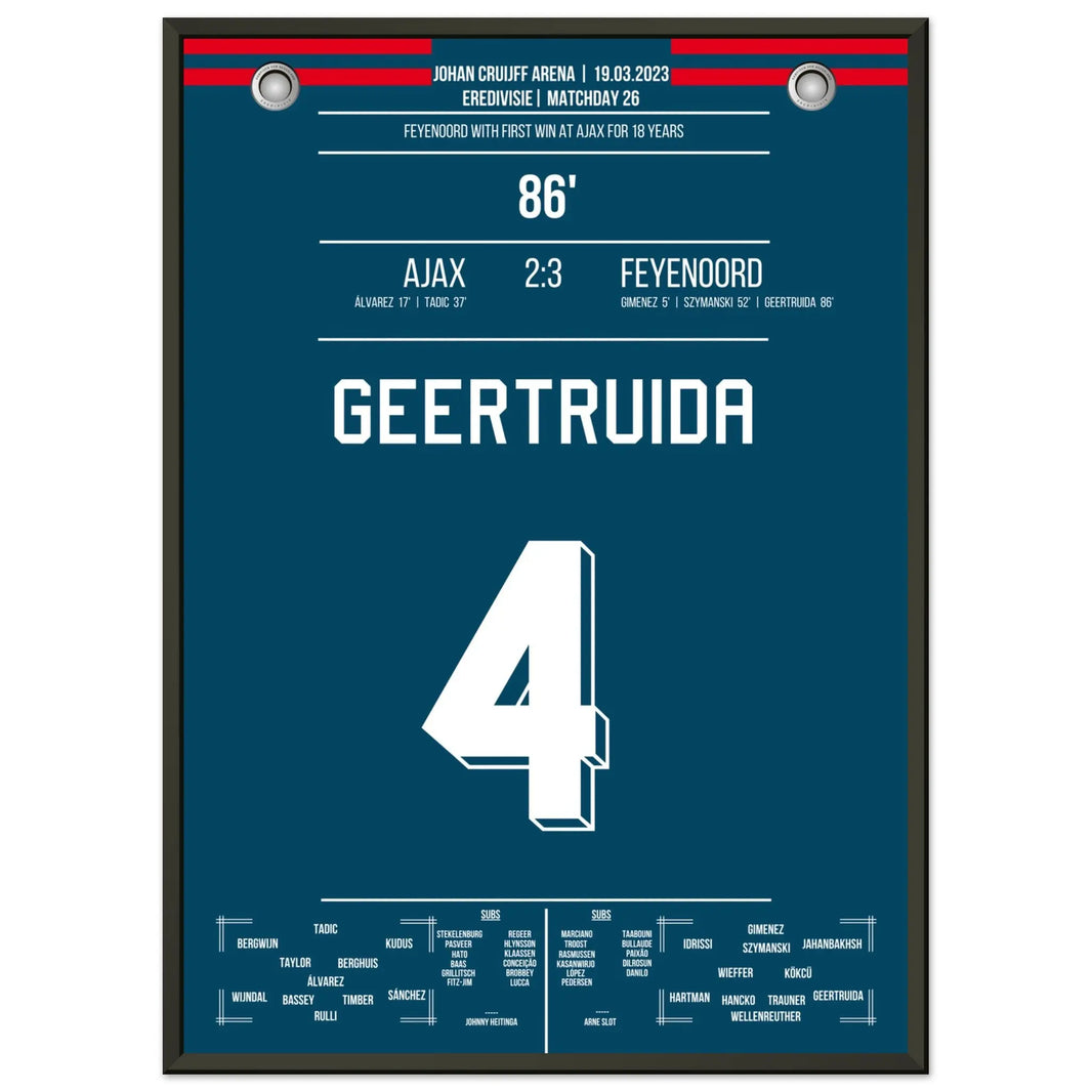 In 2023, Geertruida's goal secured Feyenoord's first Arena victory in 18 years